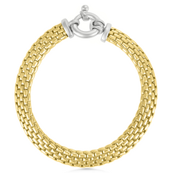 Gold bracelet with silver clasp on a white background