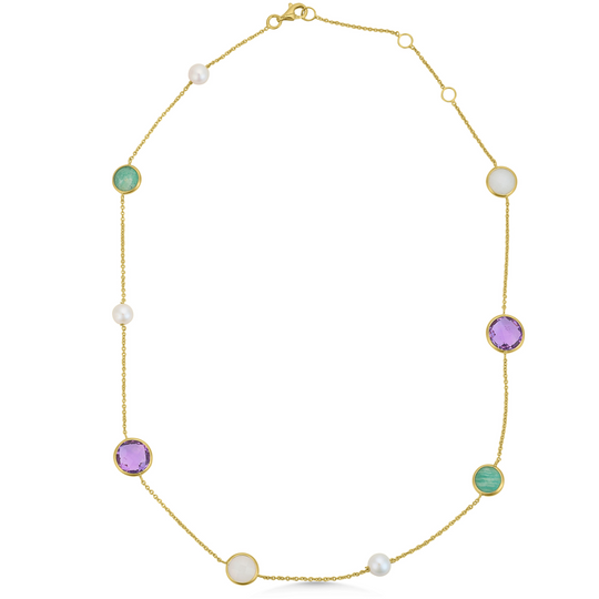 9ct Gold Pearl Amethyst & Turquoise Necklace