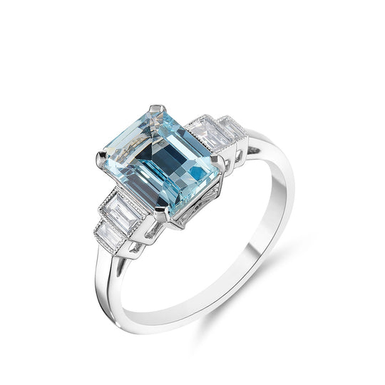 Emerald Cut Aquamarine & Diamond Ring