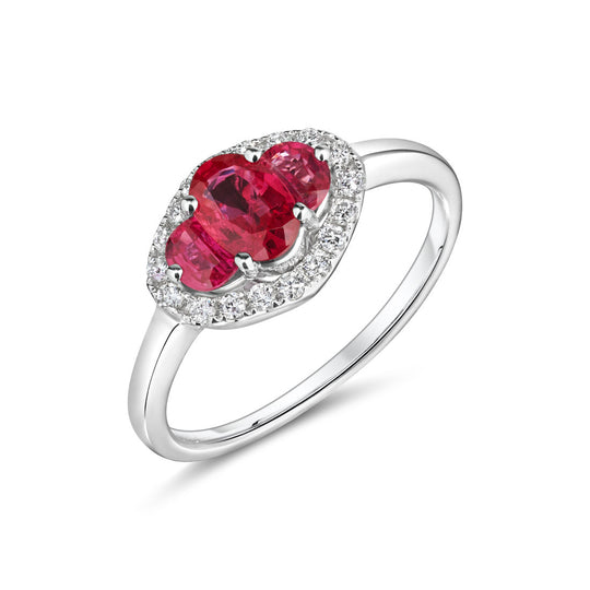 18ct White Gold Three Oval Ruby Diamond Ring