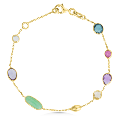 Gold bracelet with multicolored gemstones on a white background