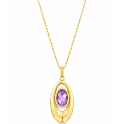 Gold necklace with a purple gemstone pendant on a white background