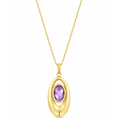 Gold necklace with a purple gemstone pendant on a white background