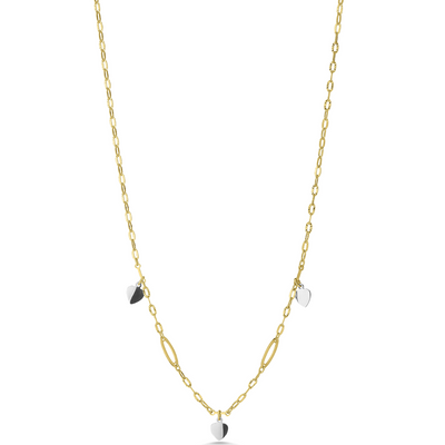 Gold necklace with heart-shaped pendants on a white background