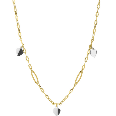 Gold chain necklace with heart-shaped pendants on a white background