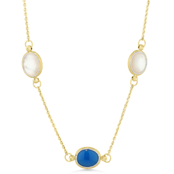 Gold necklace with three gemstones on a white background