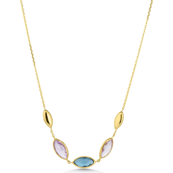 Gold necklace with colorful gemstones on a white background