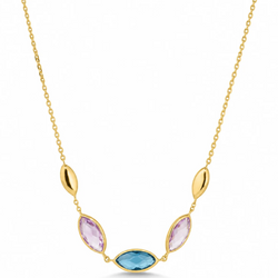 A gold necklace featuring three marquise-cut gemstones in a V-shape pendant: a central light blue stone and two pink stones on either side, suspended from a delicate gold chain against a white background.