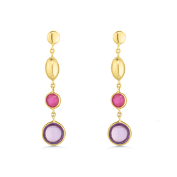 Gold earrings with pink and purple gemstones on a white background
