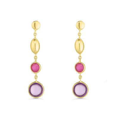 Gold earrings with pink and purple gemstones on a white background