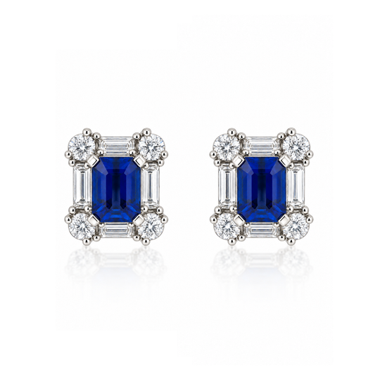 18ct Gold Diamond & Emerald Cut Sapphire Earrings