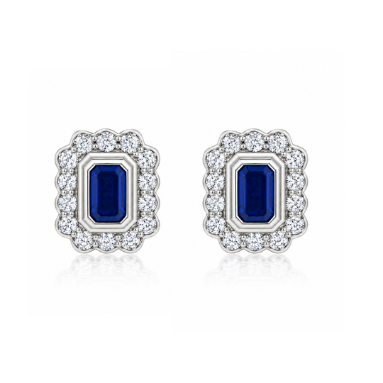 18ct Gold Diamond & Emerald Cut Sapphire Earrings