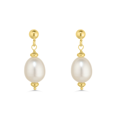 Pair of pearl earrings with gold accents on a white background