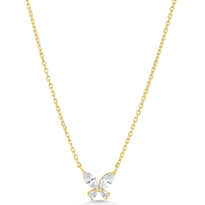 Gold butterfly necklace with clear gemstones on a white background