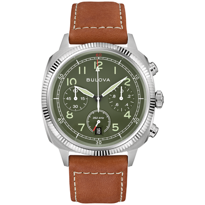 A Bulova wristwatch with a silver stainless steel case, an olive green dial, and a brown leather strap with white stitching, shown against a plain white background.