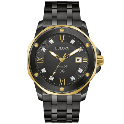 A Bulova watch with a black stainless steel case, black link bracelet, and a black dial featuring gold-tone Roman numerals, gold-tone hands, and gold-tone bezel accents.