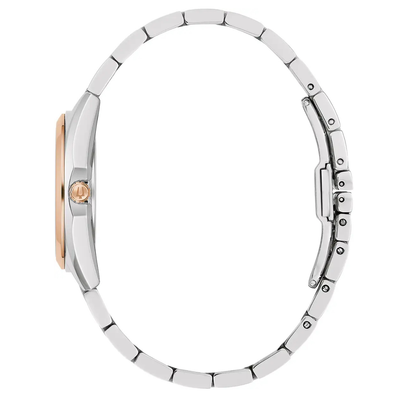 A silver-tone metal link bracelet watch with a two-tone silver and rose gold case, shown from a side profile view against a white background.