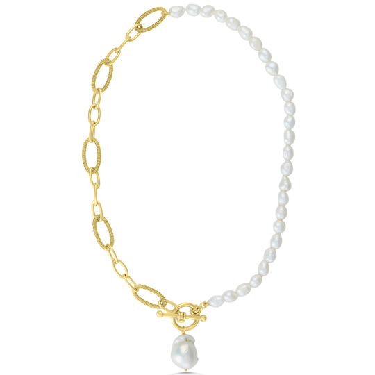 Gold Pearl T-Bar Necklace