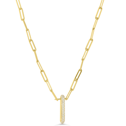 Gold necklace with a small pendant on a white background