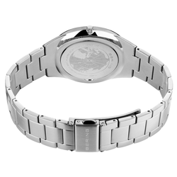 Silver stainless steel watch band with a polished case back, featuring a globe engraving and the Bering brand name on the clasp, shown against a plain white background.