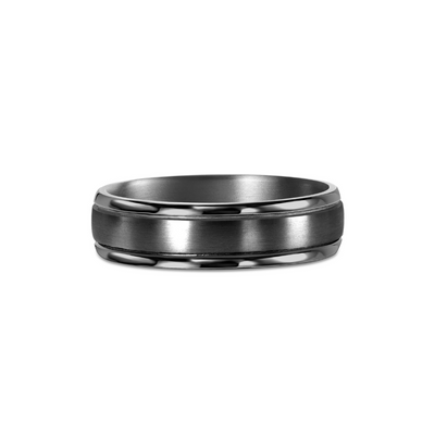 Silver ring with a brushed finish on a white background