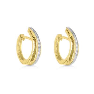 Gold hoop earrings with embedded diamonds on a white background