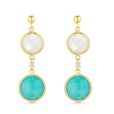 9ct Yellow Gold Mother-of-Pearl, Diamond & Turquoise Drop Earrings