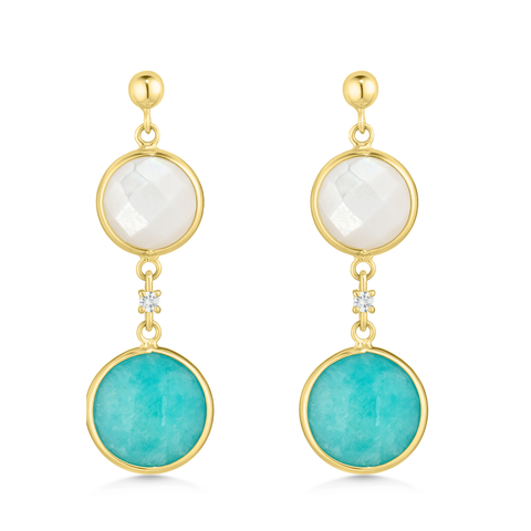 9ct Yellow Gold Mother-of-Pearl, Diamond & Turquoise Drop Earrings