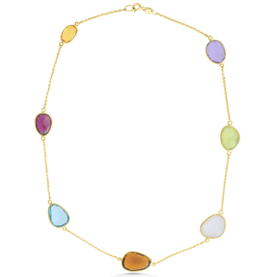 Necklace with multicolored stones on a white background