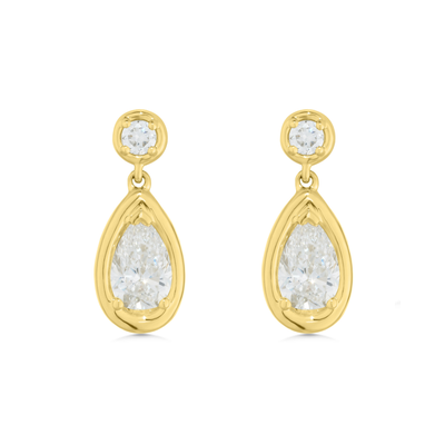 Gold teardrop earrings with clear gemstones on a white background