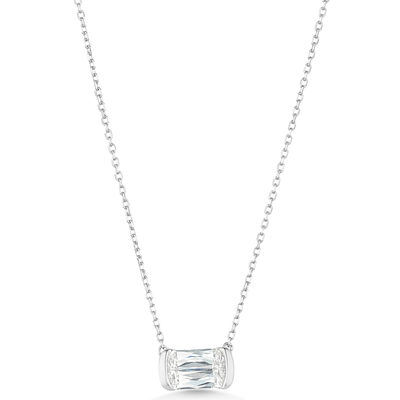 Silver necklace with a rectangular pendant on a white background