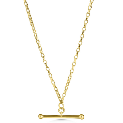 Gold necklace with a T-bar pendant on a white background