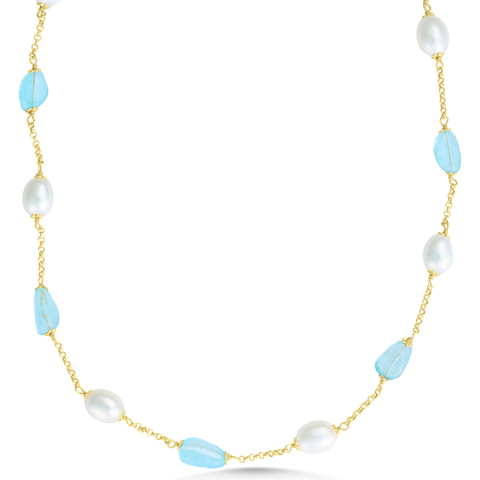 9ct Gold Blue Topaz & Pearl Necklace