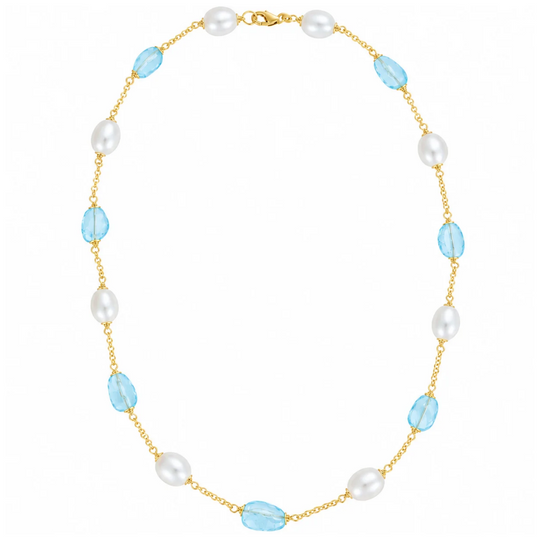 9ct Gold Blue Topaz & Pearl Necklace