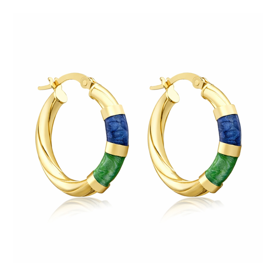 9ct Gold Blue & Green Enamel Creole Hoop Earrings