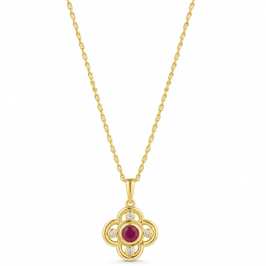 9ct Gold Clover Ruby & Diamond Pendant