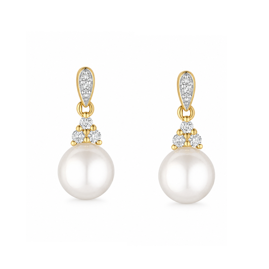 9ct Gold Diamond & Pearl Drop Earrings