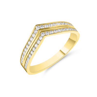 Gold ring with diamond accents on a white background