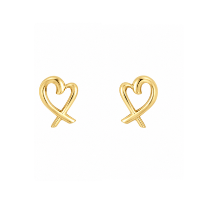 A pair of small gold heart-shaped stud earrings on a plain white background.