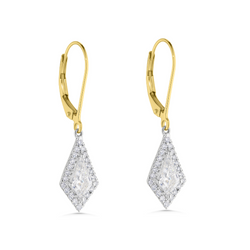 Gold and silver diamond-shaped earrings on a white background