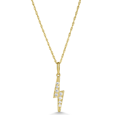 Gold necklace with a lightning bolt pendant on a white background