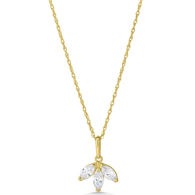 Gold necklace with a leaf-shaped diamond pendant on a white background