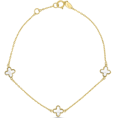 Gold bracelet with clover-shaped charms on a white background