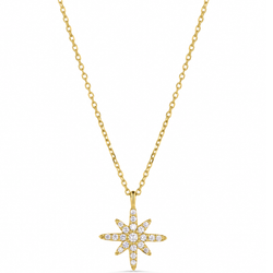 A gold chain necklace with a starburst pendant paved with small clear gemstones, shown against a plain white background.