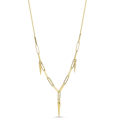 Gold necklace with a unique design on a white background