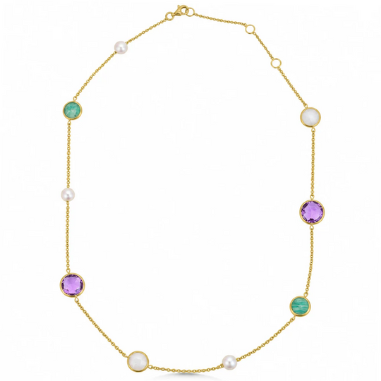 9ct Gold Pearl Amethyst & Turquoise Necklace