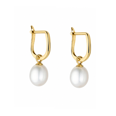 A pair of gold huggie hoop earrings with dangling white freshwater pearls, shown on a clean white background.