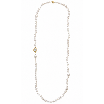 Pearl necklace with a gold clasp on a white background