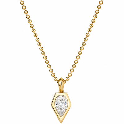 Gold necklace with a diamond pendant on a white background