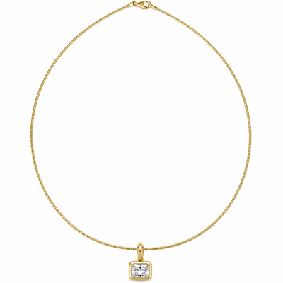 Gold necklace with a square pendant on a white background